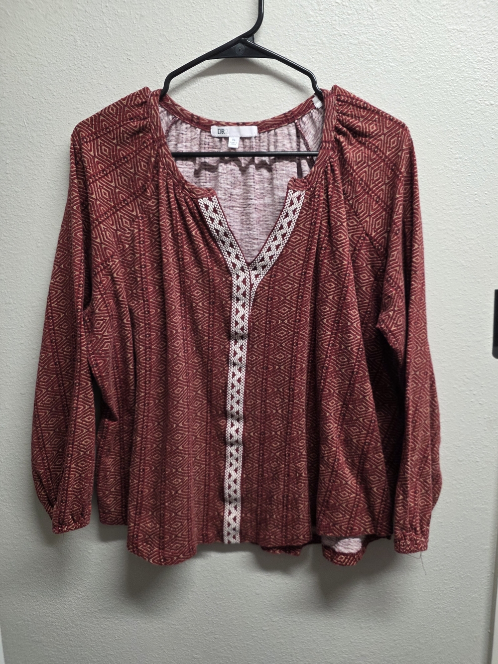 DR2 Rust Red Printed Boho Blouse with Lace Trim
